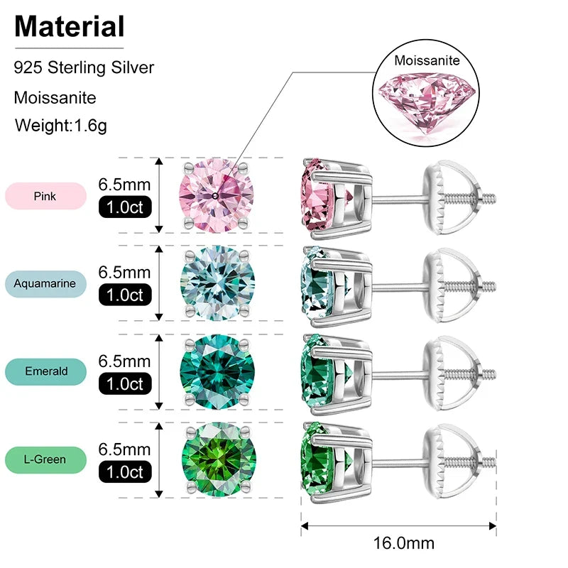 6.5mm S925 Colored Moissanite Stud Earrings