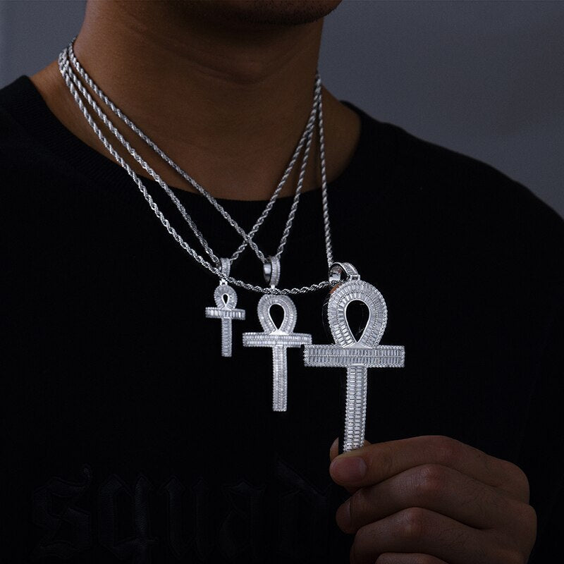 S925 Moissanite Baguette Ankh Cross Pendant