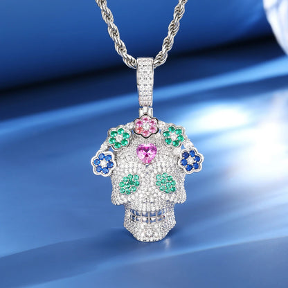 S925 Moissanite Flower Skull Pendant