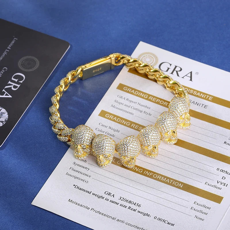 S925 Moissanite Skull Cuban Prong Link Bracelet