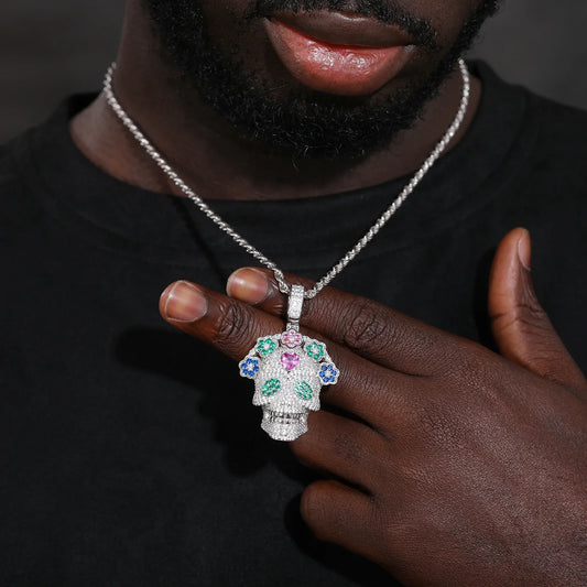 S925 Moissanite Flower Skull Pendant