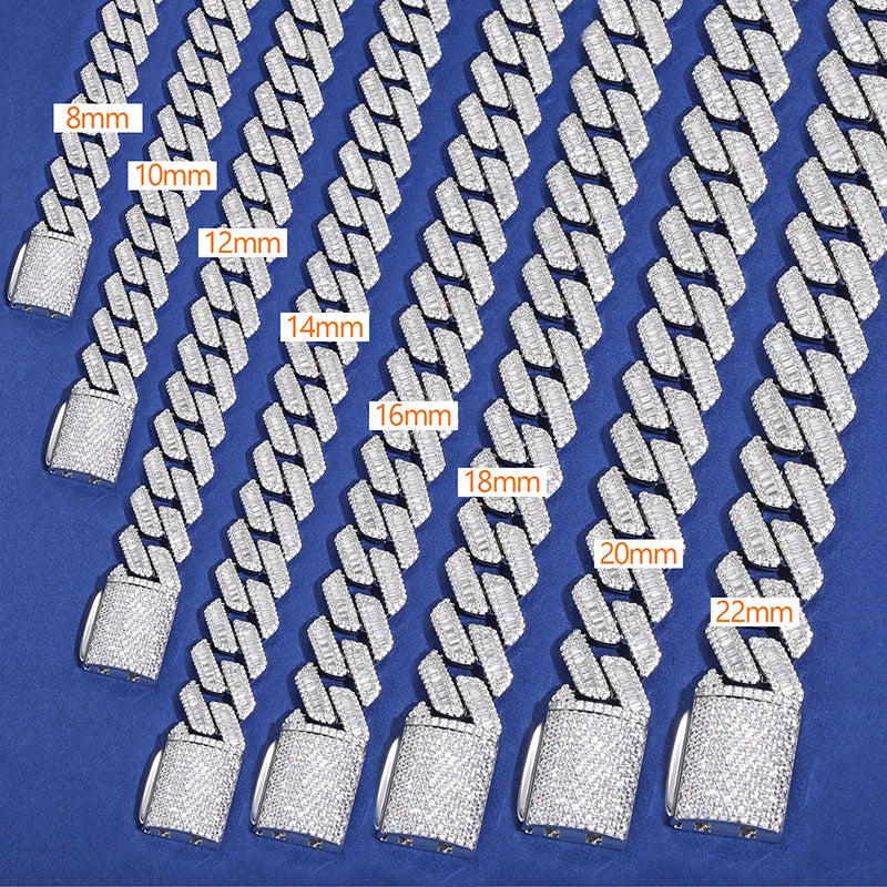 10-22mm S925 Baguette Moissanite Prong Cuban Chain