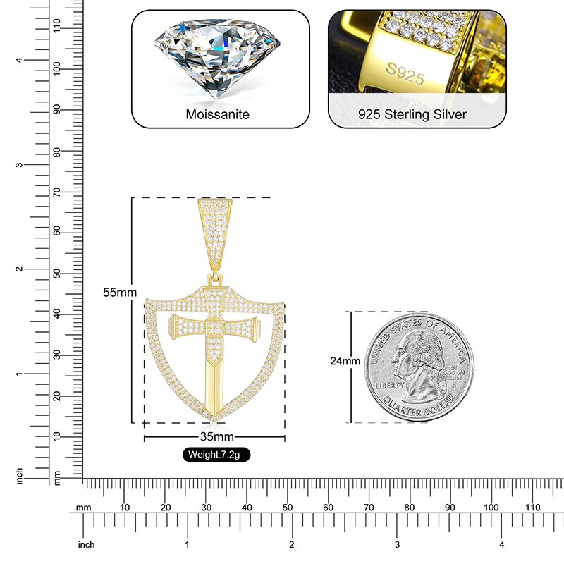 S925 Moissanite Shield Cross Pendant