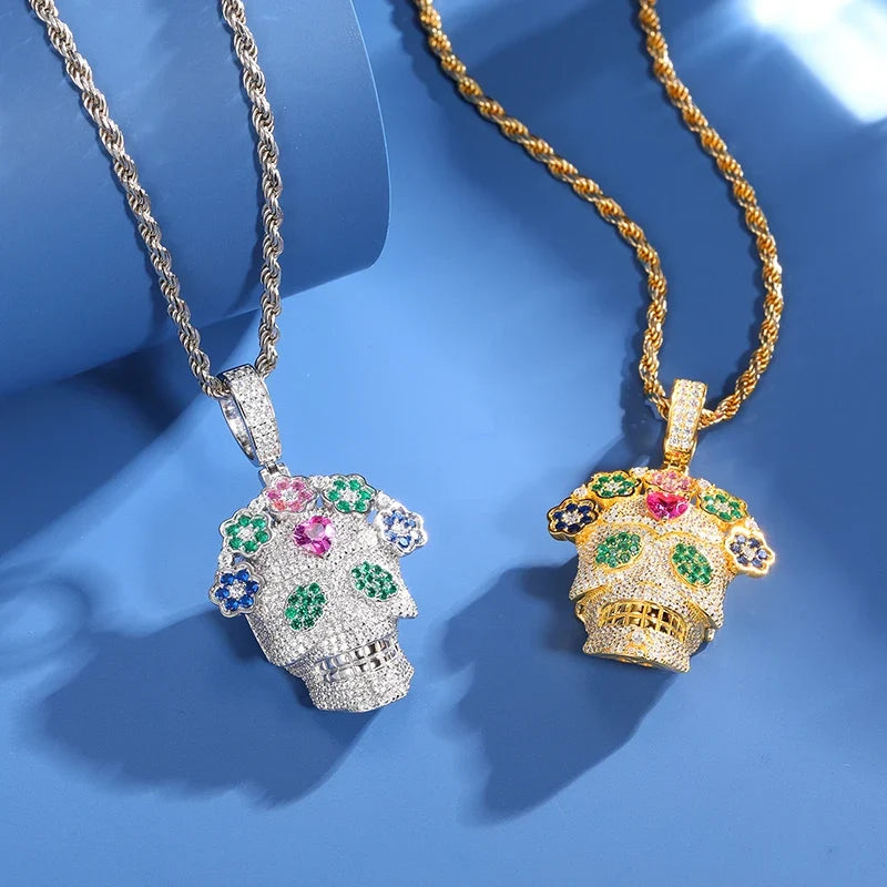 S925 Moissanite Flower Skull Pendant