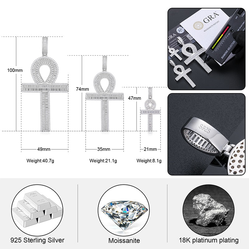 S925 Moissanite Baguette Ankh Cross Pendant