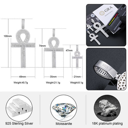 S925 Moissanite Baguette Ankh Cross Pendant