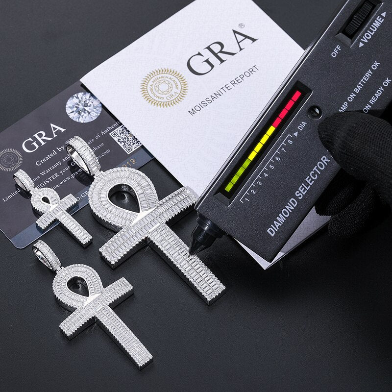 S925 Moissanite Baguette Ankh Cross Pendant