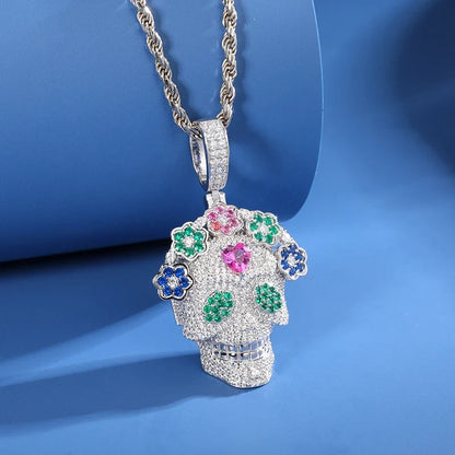 S925 Moissanite Flower Skull Pendant