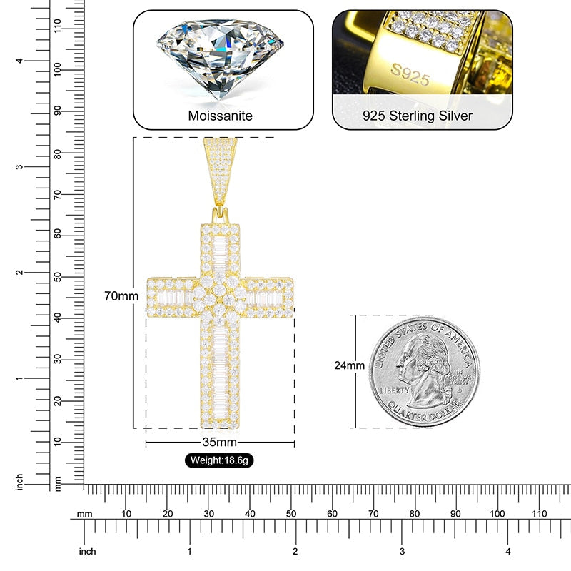 S925 Moissanite Baguette Cross Pendant