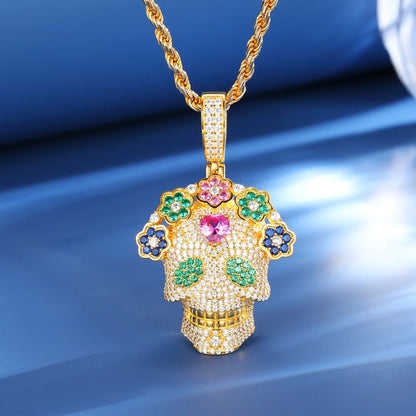 S925 Moissanite Flower Skull Pendant