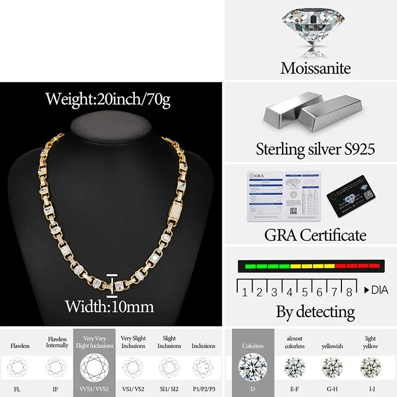 10mm S925 Moissanite Gem Stationed Ring Link Chain