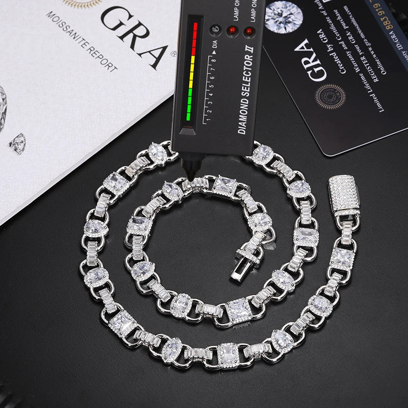 10mm S925 Moissanite Gem Stationed Ring Link Chain