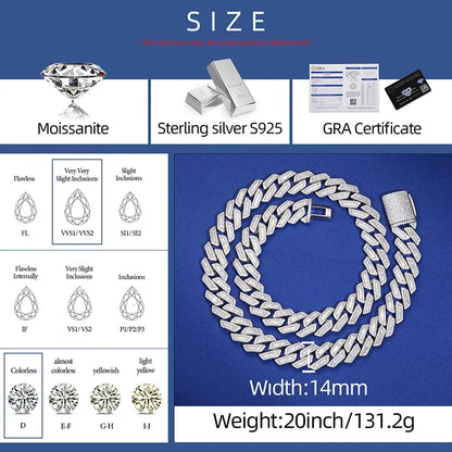 10-22mm S925 Baguette Moissanite Prong Cuban Chain