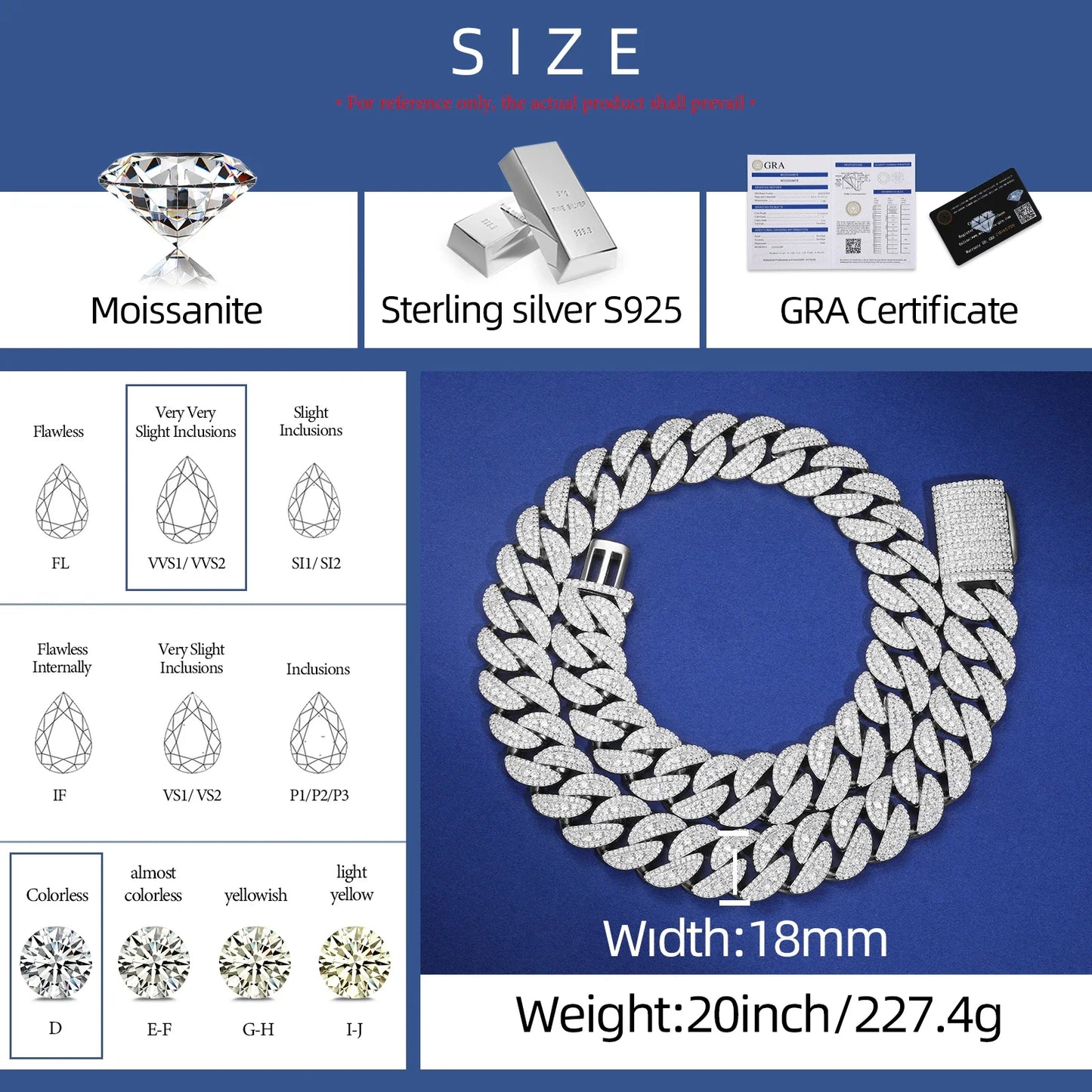 12-22mm S925 Moissanite Raised Curb Cuban Chain