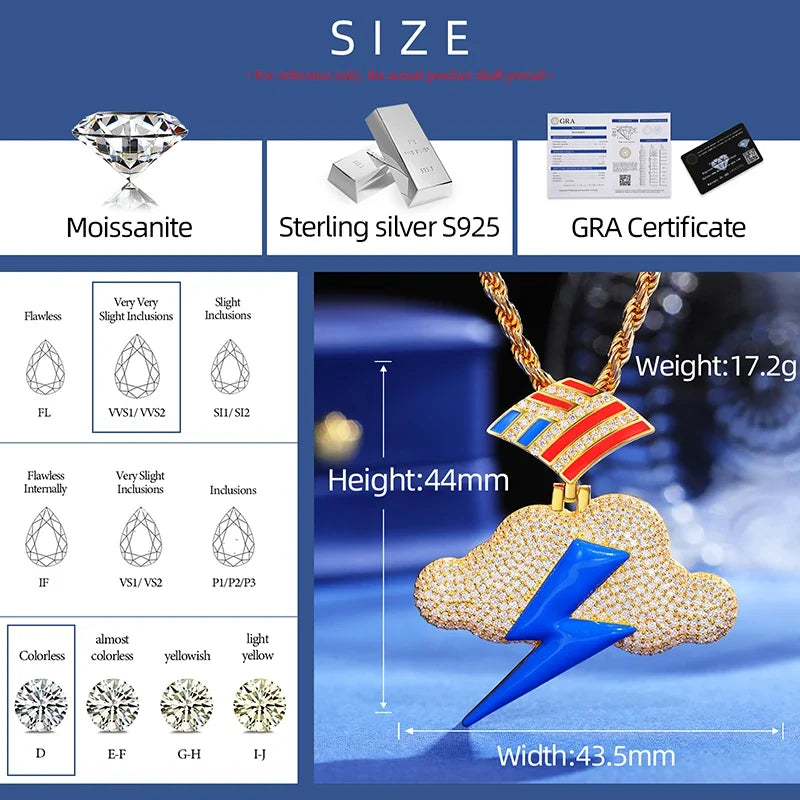 S925 Glow In The Dark Moissanite Lightning Bolt Cloud Pendant