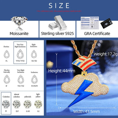 S925 Glow In The Dark Moissanite Lightning Bolt Cloud Pendant