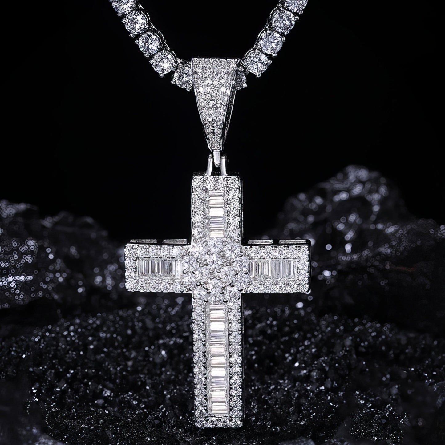 S925 Moissanite Baguette Cross Pendant